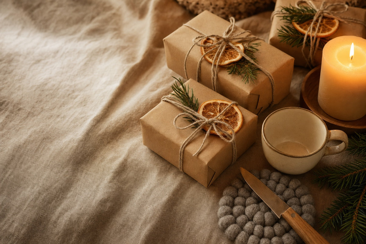 Kleine Geschenke in Packpapier mit Emailletasse, Filzuntersetzer und Tannenzweig