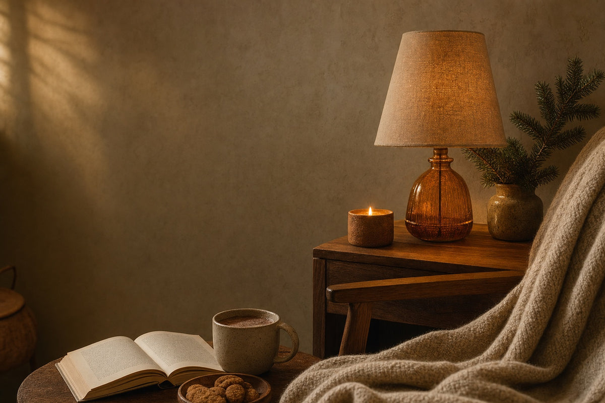 Leseecke am Winterabend mit warm leuchtender Tischlampe, Buch und Kakao