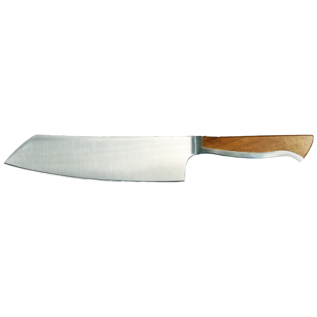 Ein Bild aus dem Taiga Store von taiga.green. Ein Küchenmesser aus rostfreiem Stahl mit breiter Klinge und einem Holzgriff, dargestellt auf einem schlichten Hintergrund. Jetzt bestellen im Eco Shop von www.taiga.green. Hier nachhaltig einkaufen mit dem Taiga Eco Rating
