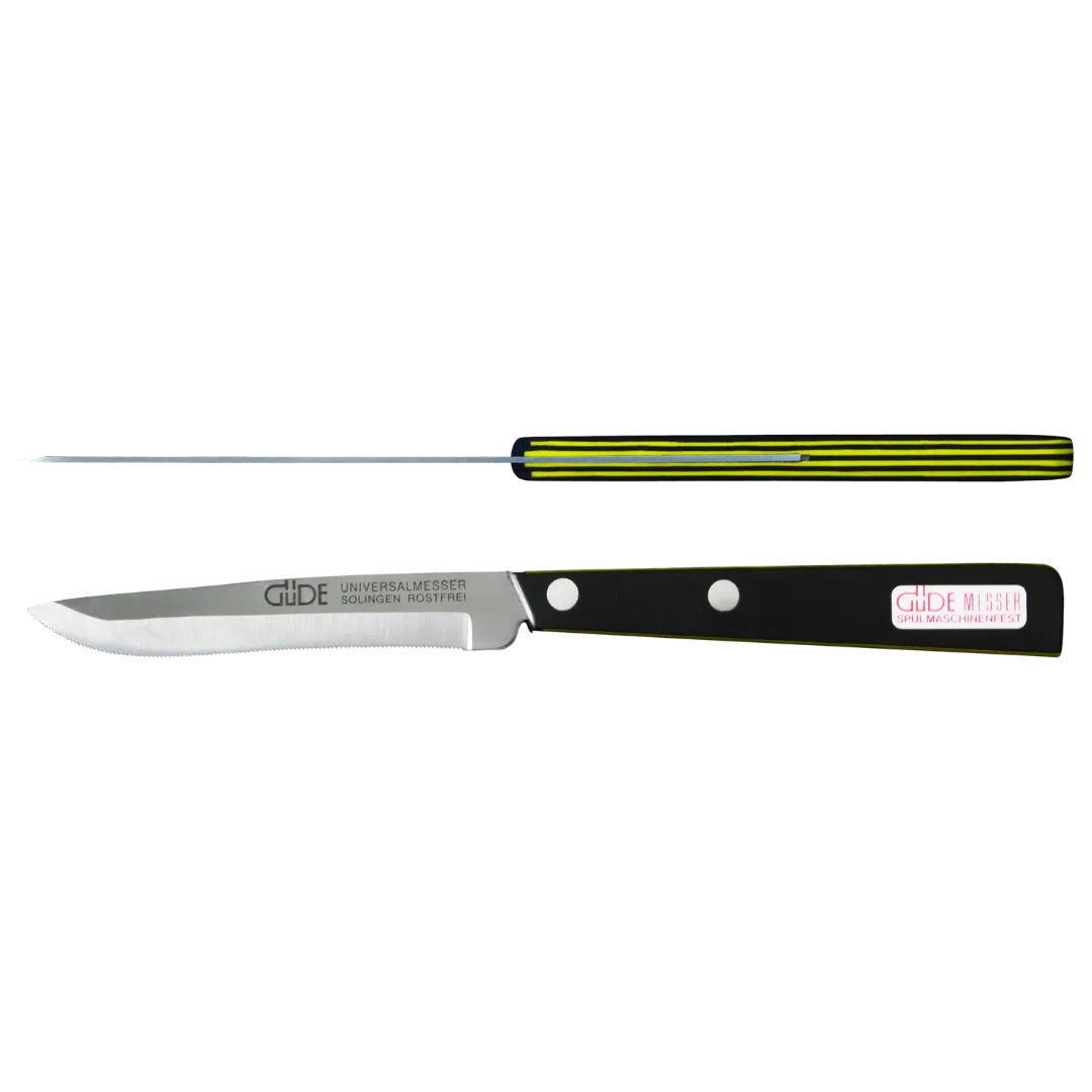 Ein Bild aus dem Taiga Store von taiga.green. Ein kleines Küchenmesser mit schwarzem Griff und silberner Klinge, von der Seite und von oben gesehen. Der Griff hat zwei Metallnieten und ein rot-weißes Etikett am Ende. Jetzt bestellen im Eco Shop von www.taiga.green. Hier nachhaltig einkaufen mit dem Taiga Eco Rating