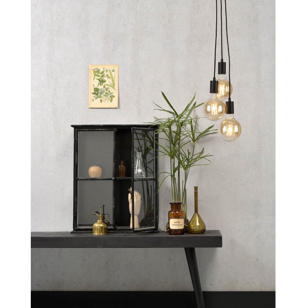 Ein Bild aus dem Taiga Store von taiga.green. Eine moderne Tischszene mit einer schwarzen Vitrine, einer grünen Pflanze, Glasflaschen, einem kleinen gerahmten botanischen Druck an der Wand und drei hängenden Pendelleuchten mit freiliegenden Glühbirnen vor einem hellgrauen Hintergrund. Jetzt bestellen im Eco Shop von www.taiga.green. Hier nachhaltig einkaufen mit dem Taiga Eco Rating