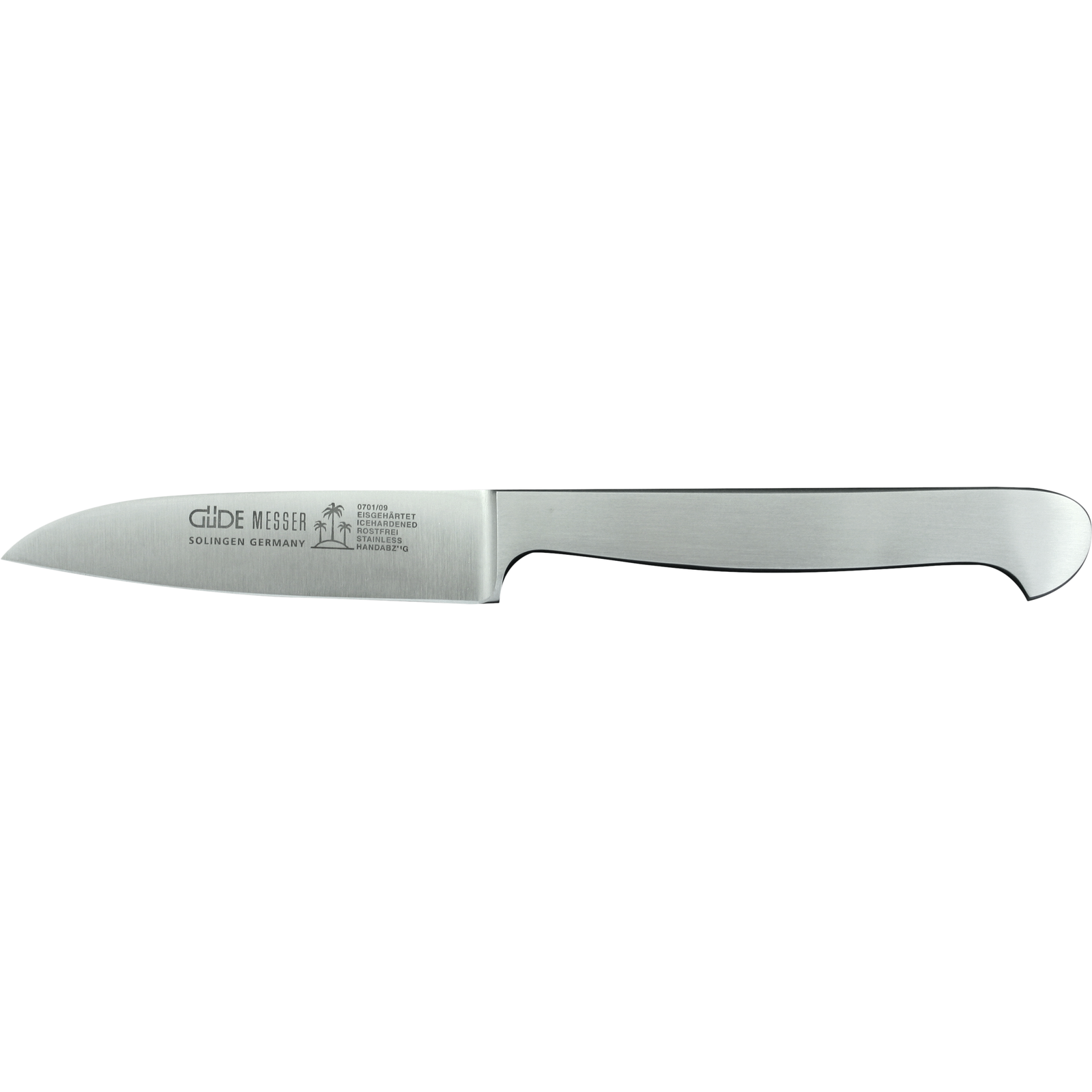 Ein Bild aus dem Taiga Store von taiga.green. Ein Schälmesser aus rostfreiem Stahl mit gerader Klinge und ergonomischem Griff. Auf der Klinge befindet sich das Logo und der Text von Güde Solingen Germany. Jetzt bestellen im Eco Shop von www.taiga.green. Hier nachhaltig einkaufen mit dem Taiga Eco Rating