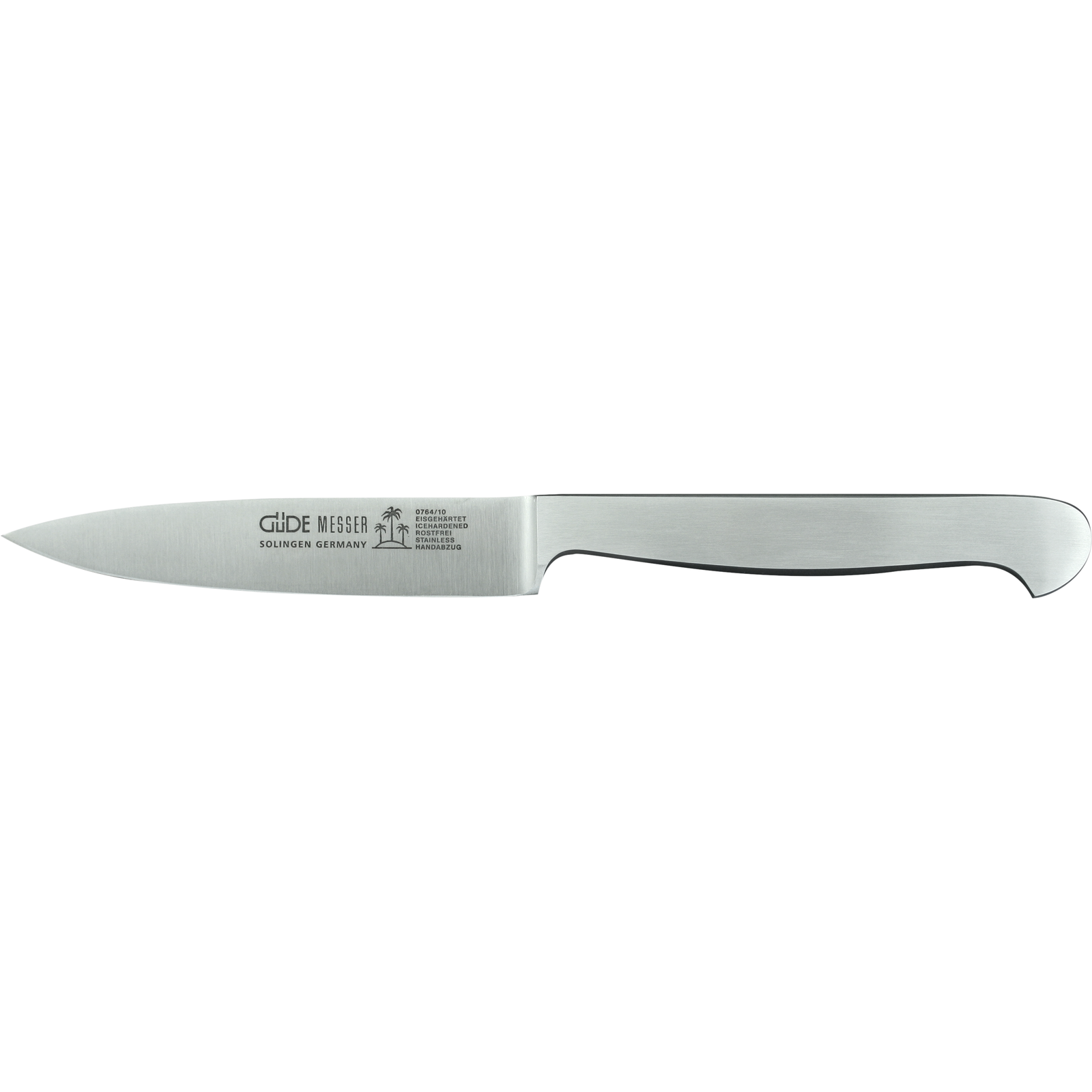 Ein Bild aus dem Taiga Store von taiga.green. Ein silbernes Schälmesser mit gerader Klinge und ergonomischem Griff, mit dem Güde Messer Solingen Germany Logo und Text auf der Klinge. Jetzt bestellen im Eco Shop von www.taiga.green. Hier nachhaltig einkaufen mit dem Taiga Eco Rating