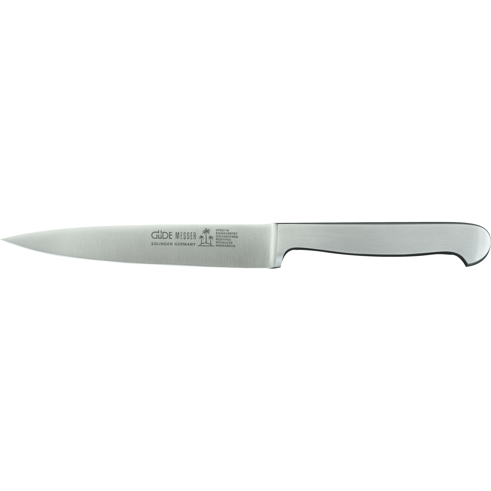 Ein Bild aus dem Taiga Store von taiga.green. Ein Küchenmesser aus rostfreiem Stahl mit einer spitzen Klinge und einem glatten, ergonomischen Griff, abgebildet auf einem schlichten weißen Hintergrund. Jetzt bestellen im Eco Shop von www.taiga.green. Hier nachhaltig einkaufen mit dem Taiga Eco Rating