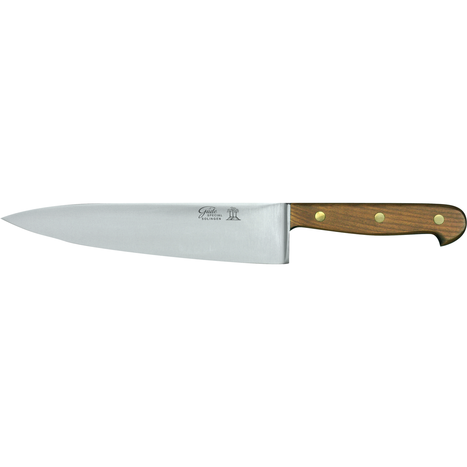 Ein Bild aus dem Taiga Store von taiga.green. Ein Kochmesser aus rostfreiem Stahl mit glänzender Klinge und braunem Holzgriff mit drei goldenen Nieten, abgebildet auf einem schlichten weißen Hintergrund. Jetzt bestellen im Eco Shop von www.taiga.green. Hier nachhaltig einkaufen mit dem Taiga Eco Rating