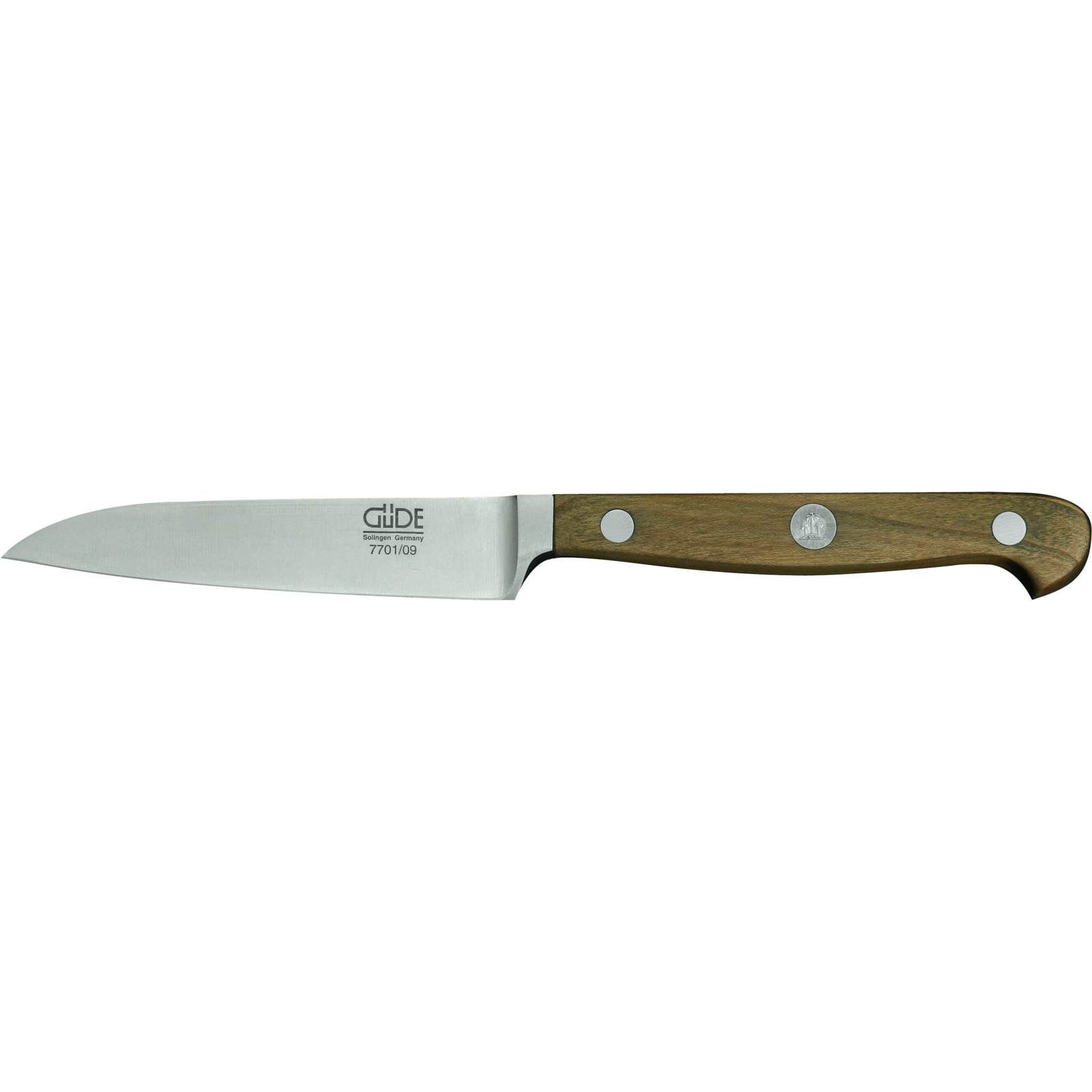 Ein Bild aus dem Taiga Store von taiga.green. Ein Schälmesser mit einer silbernen Klinge und einem Holzgriff mit zwei Metallnieten, dargestellt auf einem schlichten weißen Hintergrund. Jetzt bestellen im Eco Shop von www.taiga.green. Hier nachhaltig einkaufen mit dem Taiga Eco Rating