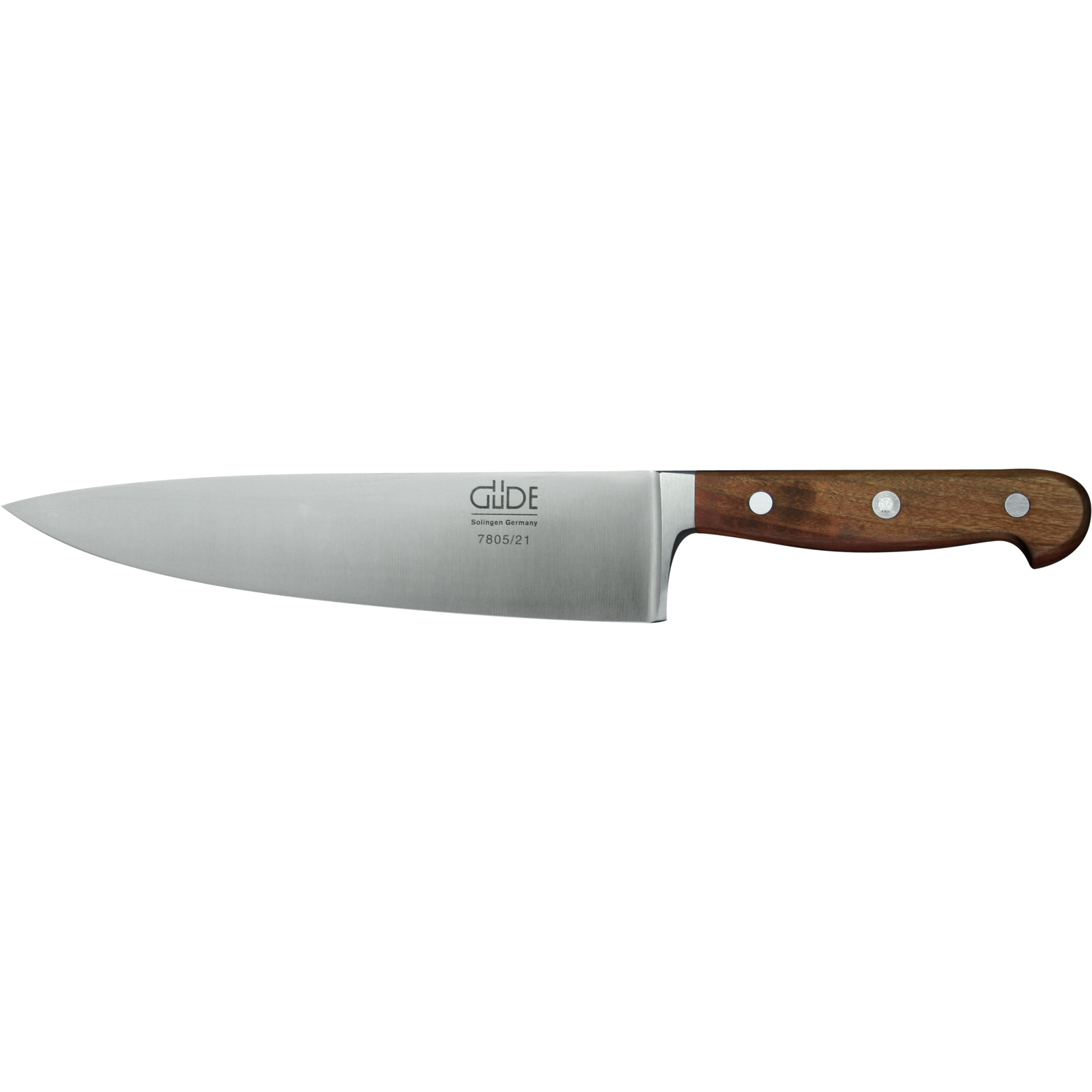 Ein Bild aus dem Taiga Store von taiga.green. Ein Kochmesser mit einer Klinge aus rostfreiem Stahl und einem Holzgriff, der mit drei Metallnieten befestigt ist, dargestellt auf einem schlichten Hintergrund. Jetzt bestellen im Eco Shop von www.taiga.green. Hier nachhaltig einkaufen mit dem Taiga Eco Rating