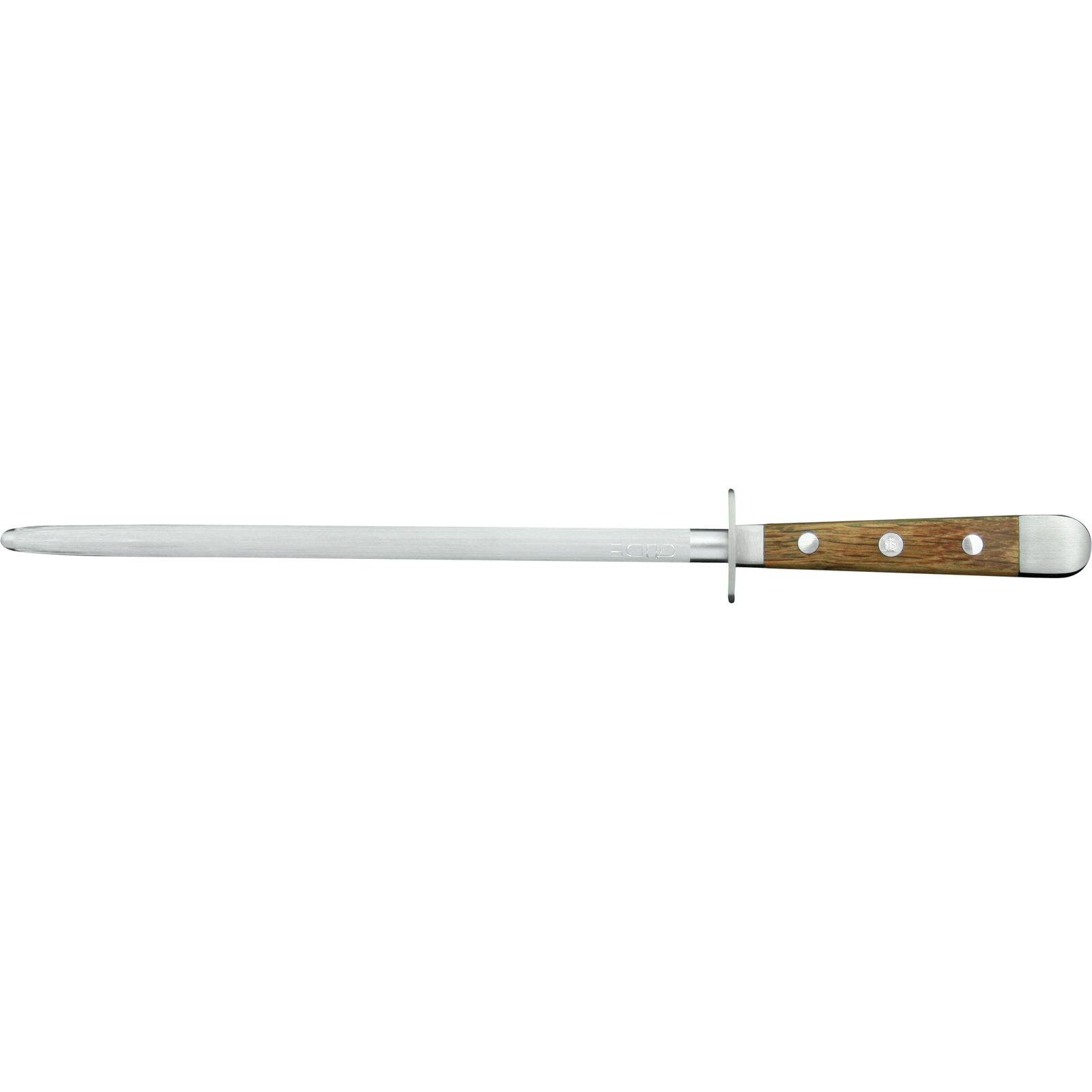 Ein Bild aus dem Taiga Store von taiga.green. Ein langes, schmales Messer mit einer gezahnten Stahlklinge und einem Holzgriff mit Metallnieten, das typischerweise als Tranchier- oder Schneidemesser verwendet wird. Jetzt bestellen im Eco Shop von www.taiga.green. Hier nachhaltig einkaufen mit dem Taiga Eco Rating