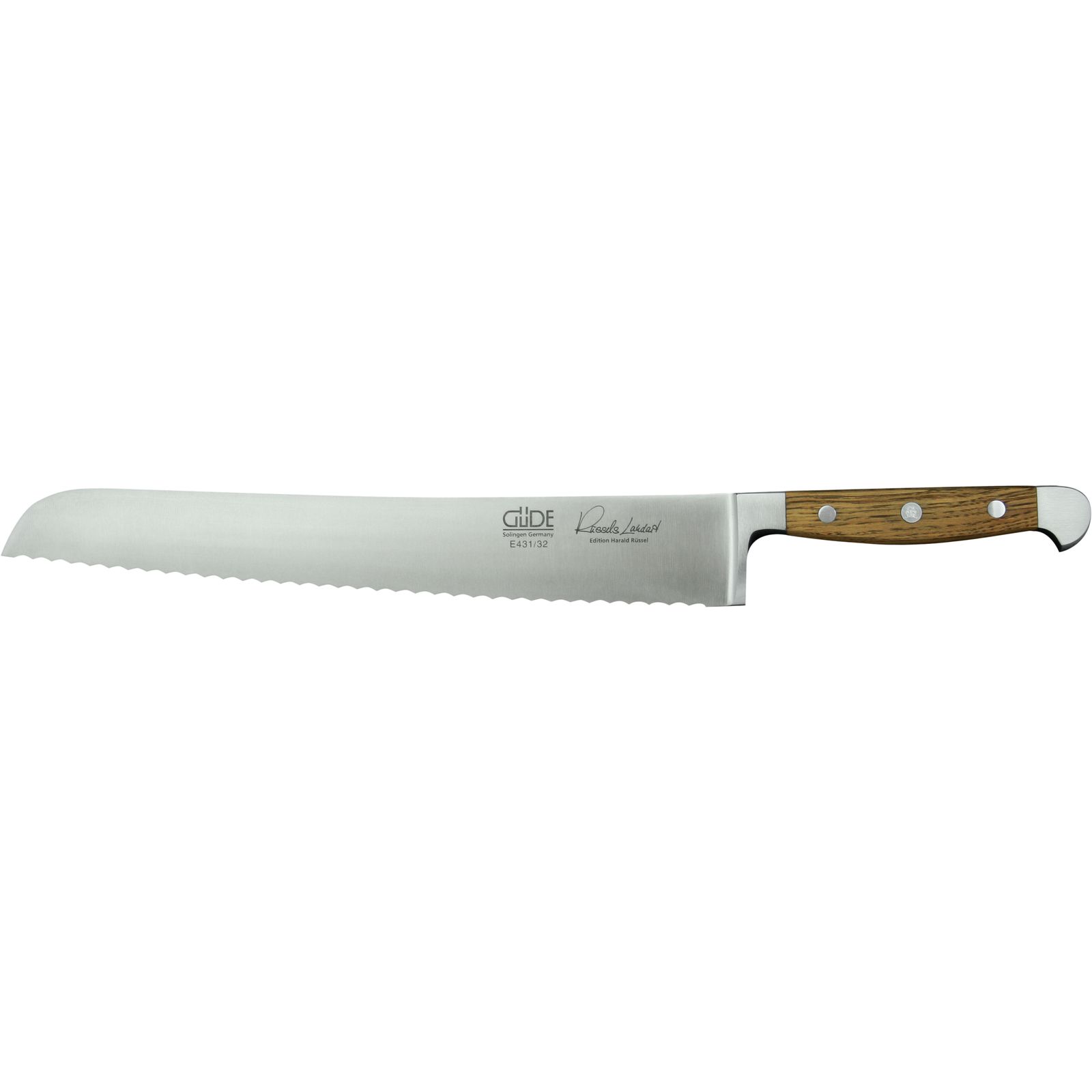 Ein Bild aus dem Taiga Store von taiga.green. Ein Brotmesser mit Wellenschliff, einer langen Klinge aus rostfreiem Stahl und einem Holzgriff mit drei Metallnieten, abgebildet auf einem schlichten Hintergrund. Jetzt bestellen im Eco Shop von www.taiga.green. Hier nachhaltig einkaufen mit dem Taiga Eco Rating