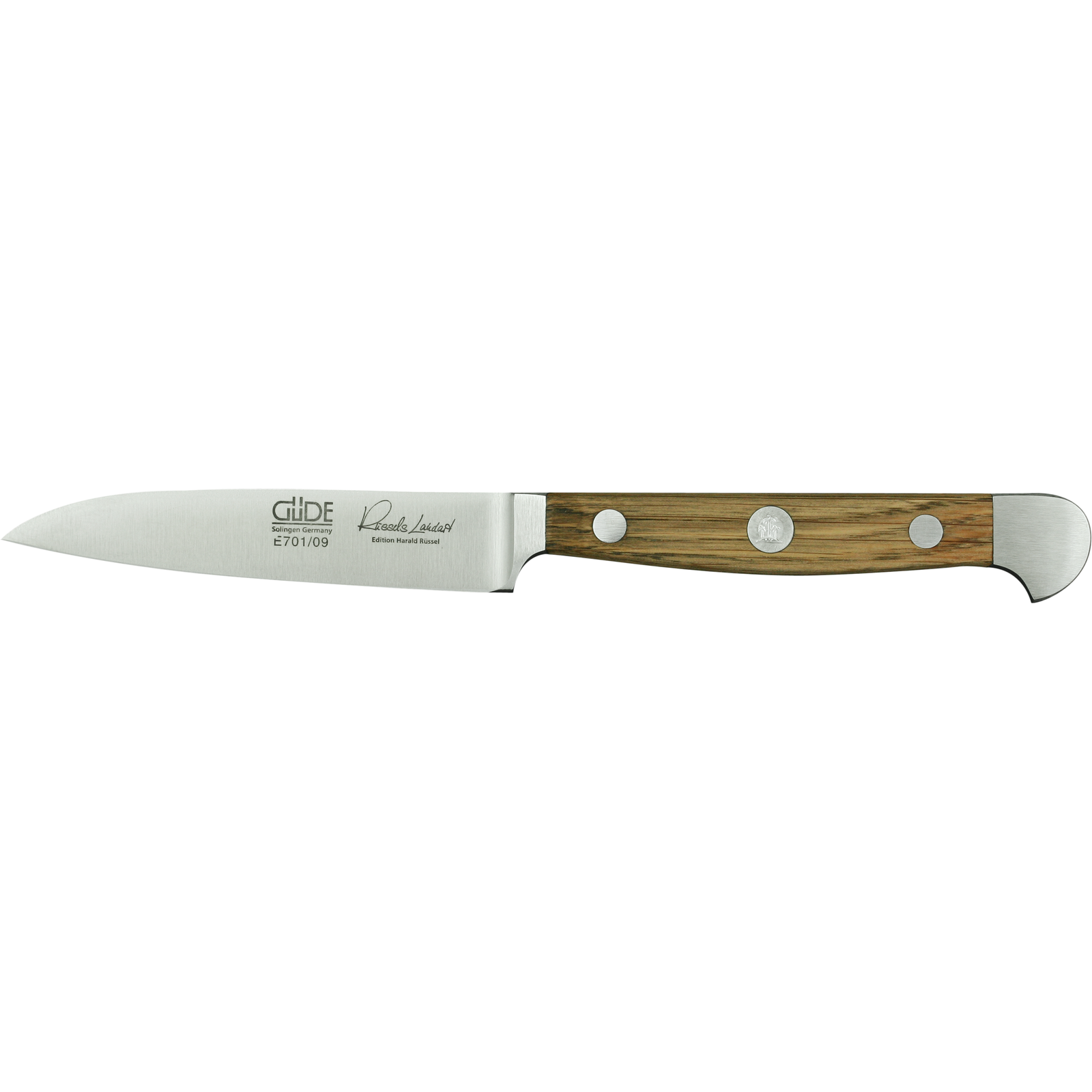Ein Bild aus dem Taiga Store von taiga.green. Ein kleines Küchenmesser mit einer Klinge aus rostfreiem Stahl, einem Holzgriff und drei Metallnieten. Auf der Klinge sind ein Brandzeichen und eine Signatur aufgedruckt. Jetzt bestellen im Eco Shop von www.taiga.green. Hier nachhaltig einkaufen mit dem Taiga Eco Rating