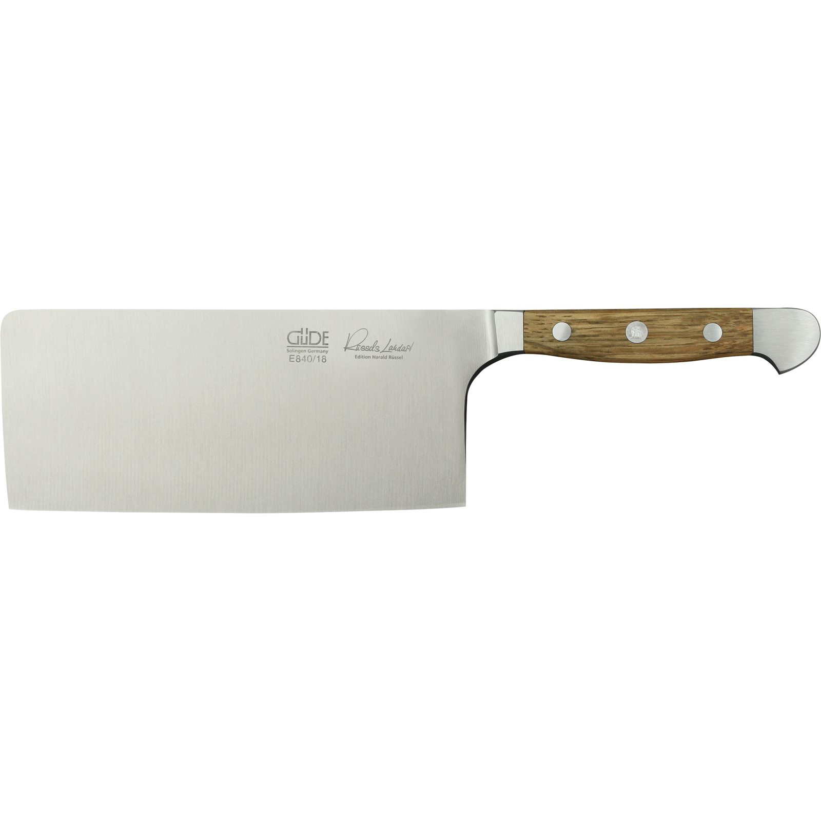 Ein Bild aus dem Taiga Store von taiga.green. Ein Kochmesser mit rechteckiger Klinge, Holzgriff und drei Nieten auf weißem Hintergrund. Jetzt bestellen im Eco Shop von www.taiga.green. Hier nachhaltig einkaufen mit dem Taiga Eco Rating