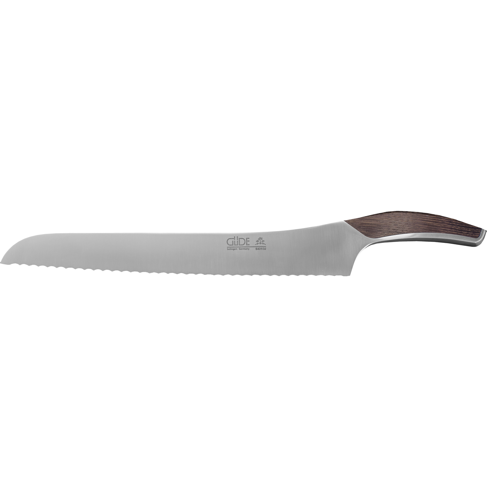 Ein Bild aus dem Taiga Store von taiga.green. Ein langes, gezahntes Brotmesser mit gerader, silberner Klinge und dunklem Holzgriff, das zum Schneiden von Brot oder Gebäck dient. Jetzt bestellen im Eco Shop von www.taiga.green. Hier nachhaltig einkaufen mit dem Taiga Eco Rating