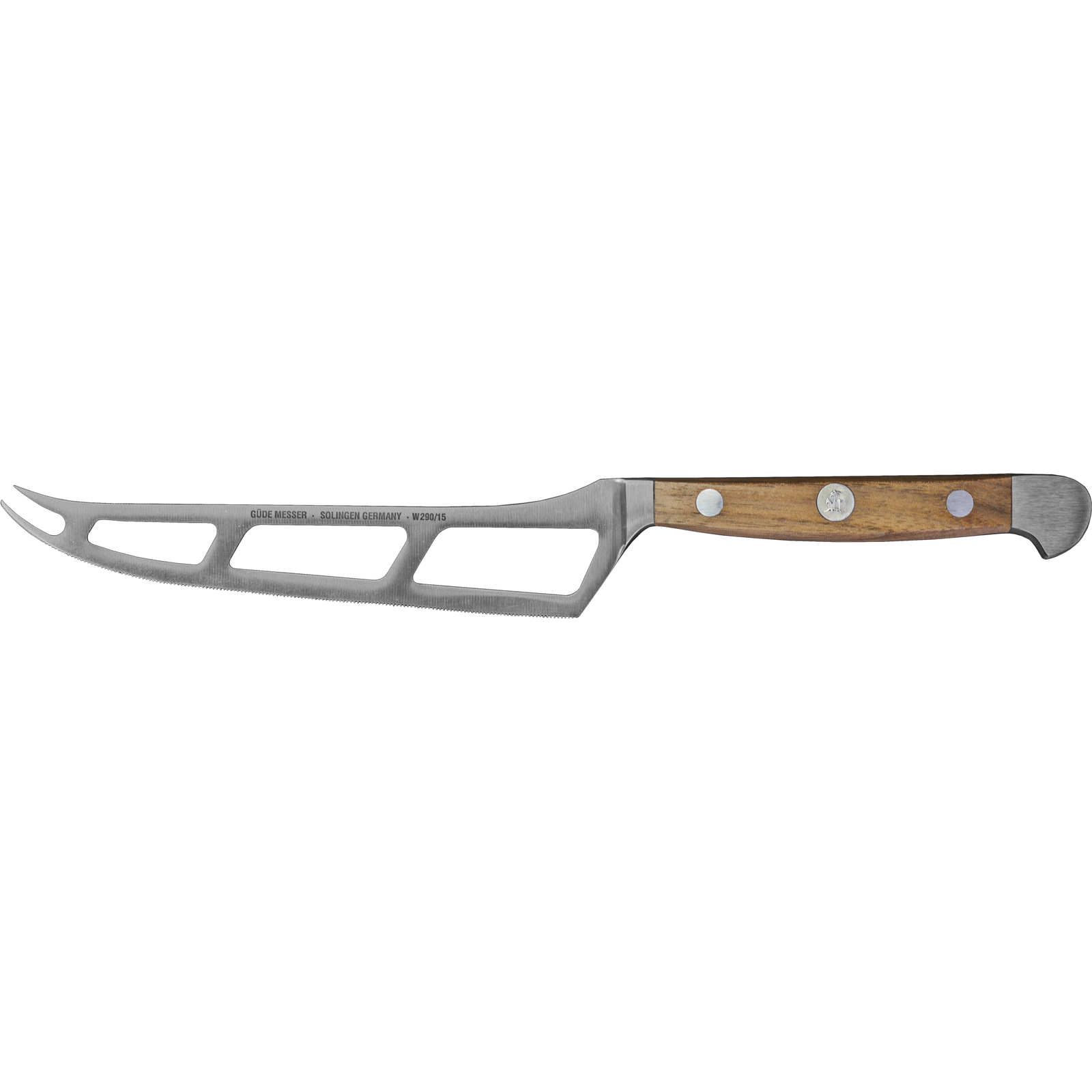 Ein Bild aus dem Taiga Store von taiga.green. Ein Käsemesser mit einem Holzgriff, Metallnieten und einer Klinge aus rostfreiem Stahl mit großen Aussparungen und einer gegabelten Spitze. Jetzt bestellen im Eco Shop von www.taiga.green. Hier nachhaltig einkaufen mit dem Taiga Eco Rating