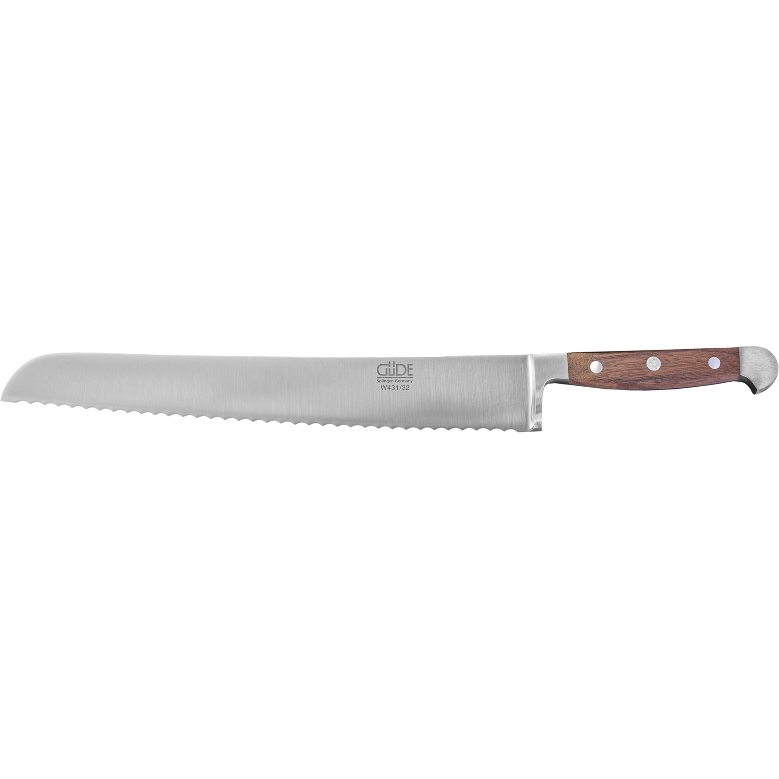 Ein Bild aus dem Taiga Store von taiga.green. Ein langes Brotmesser mit einer gezahnten Klinge aus rostfreiem Stahl und einem braunen Holzgriff mit drei silbernen Nieten. Jetzt bestellen im Eco Shop von www.taiga.green. Hier nachhaltig einkaufen mit dem Taiga Eco Rating