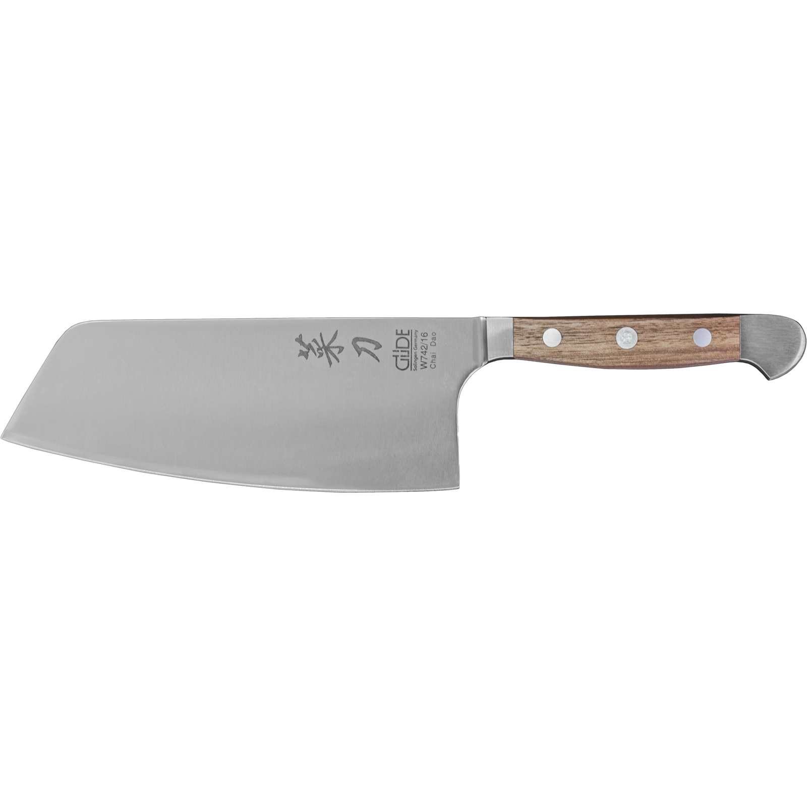 Ein Bild aus dem Taiga Store von taiga.green. Ein chinesisches Kochmesser mit einer breiten, rechteckigen Klinge aus rostfreiem Stahl und einem Holzgriff, der mit drei Nieten befestigt ist, dargestellt auf einem schlichten weißen Hintergrund. Jetzt bestellen im Eco Shop von www.taiga.green. Hier nachhaltig einkaufen mit dem Taiga Eco Rating