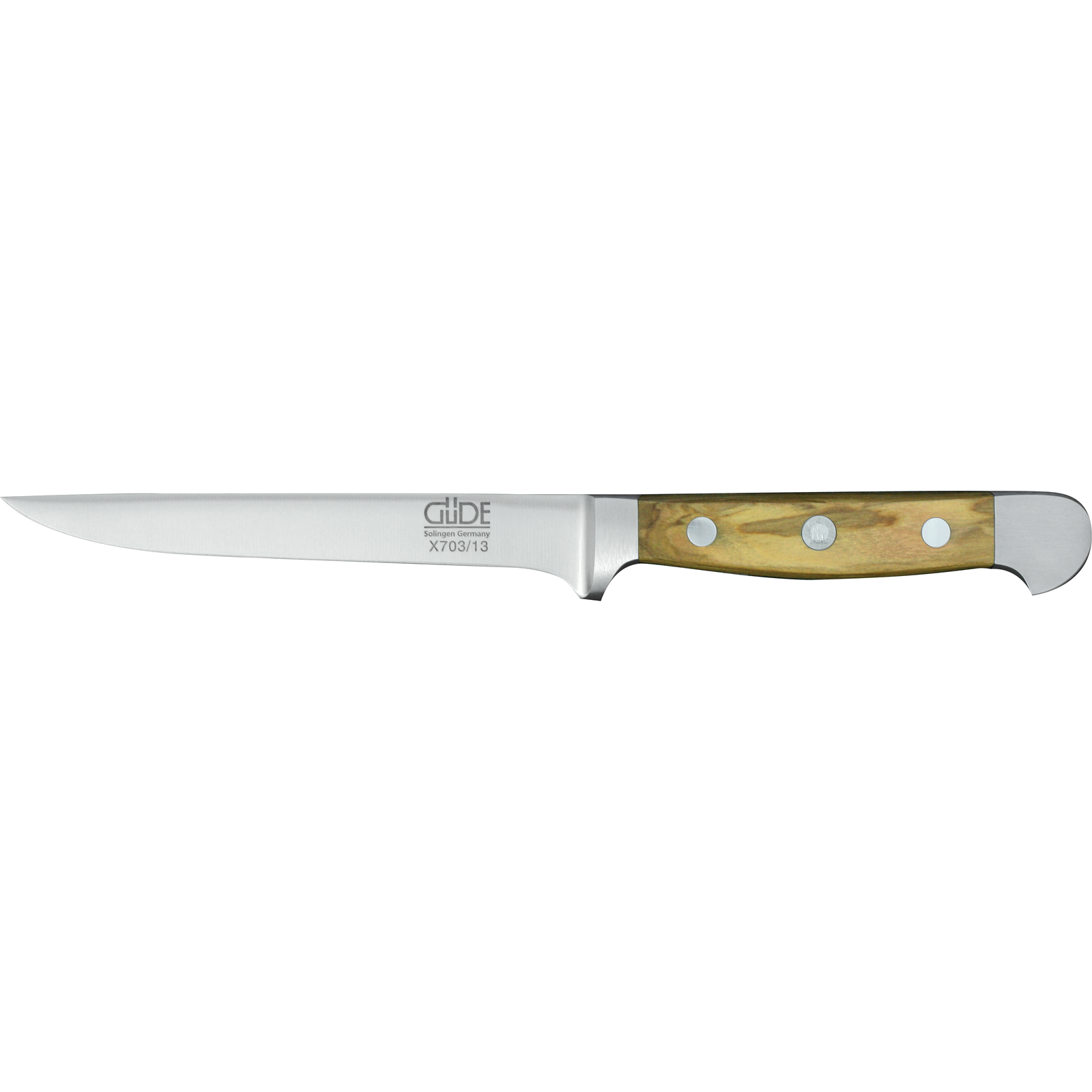 Ein Bild aus dem Taiga Store von taiga.green. Ein Filetiermesser mit einer langen, schmalen Klinge aus rostfreiem Stahl und einem Holzgriff, der mit drei Metallnieten befestigt ist. Es wurde für präzise Schneide- und Filetierarbeiten entwickelt. Jetzt bestellen im Eco Shop von www.taiga.green. Hier nachhaltig einkaufen mit dem Taiga Eco Rating