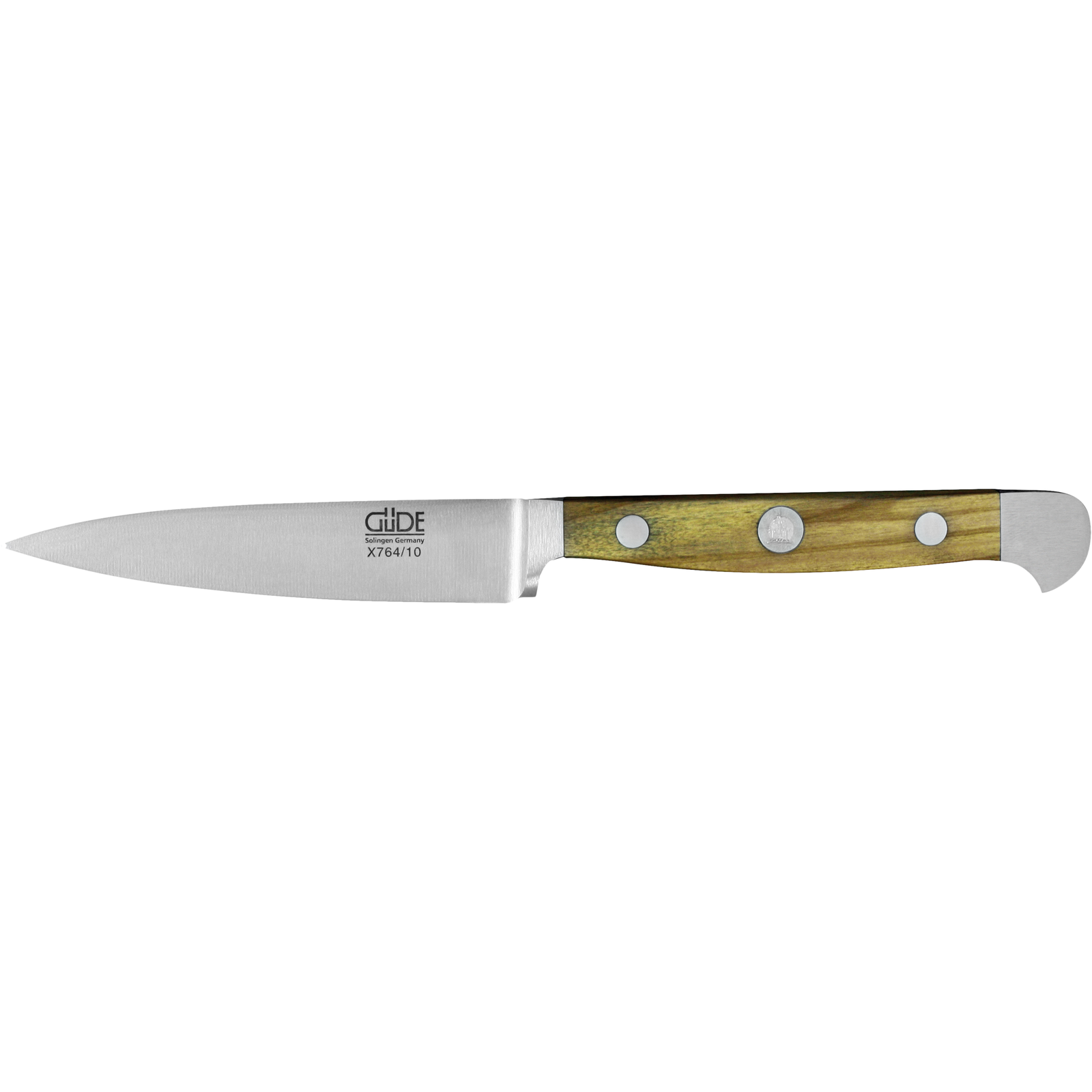 Ein Bild aus dem Taiga Store von taiga.green. Ein Schälmesser aus rostfreiem Stahl mit einer spitzen Klinge und einem Holzgriff, der mit drei Metallnieten befestigt ist. Die Klinge ist mit dem Markennamen Güde beschriftet. Jetzt bestellen im Eco Shop von www.taiga.green. Hier nachhaltig einkaufen mit dem Taiga Eco Rating