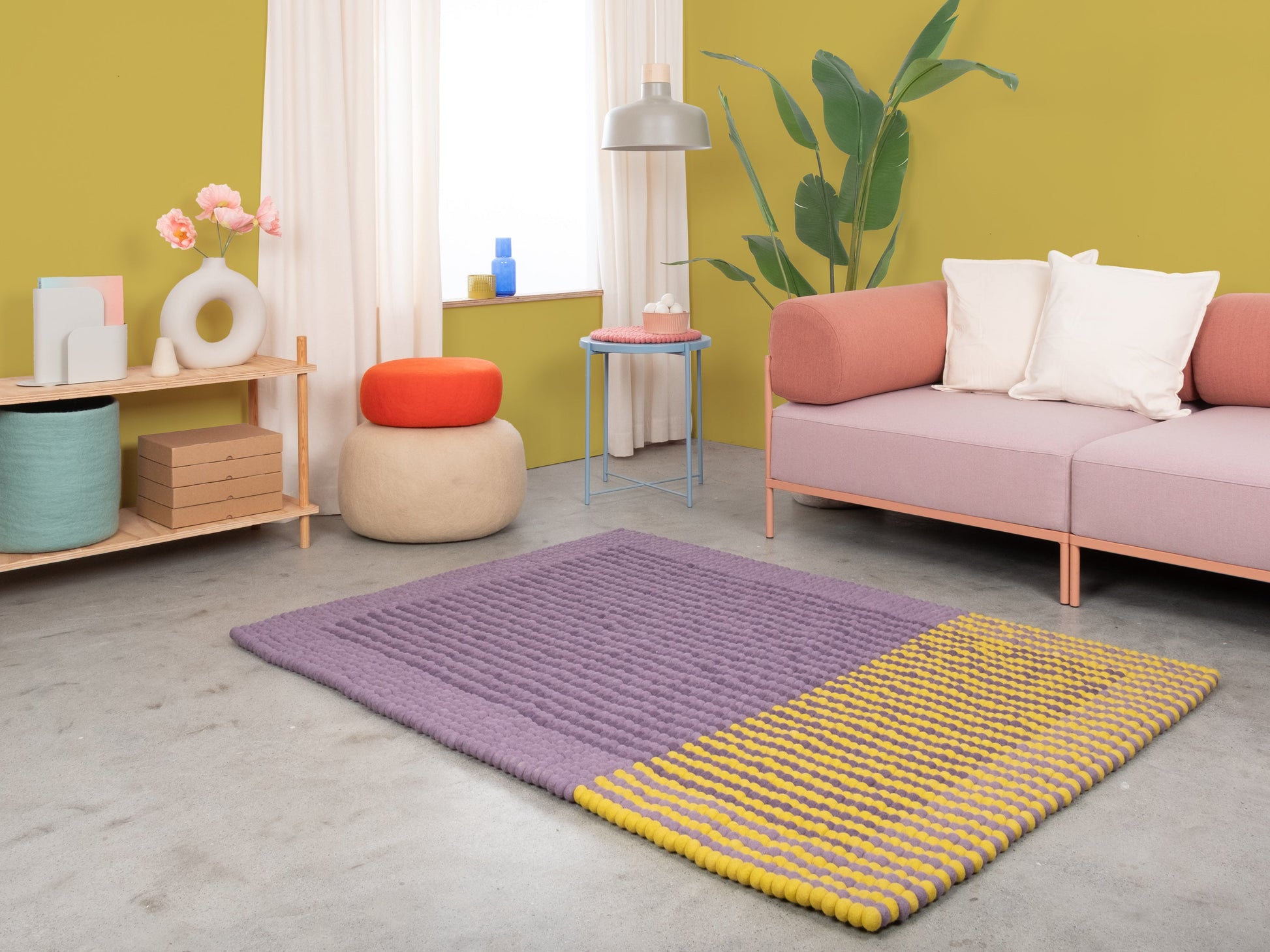 myfelt Provence Filzkugelteppich Blau, Beige aus Schurwolle – Bild 4