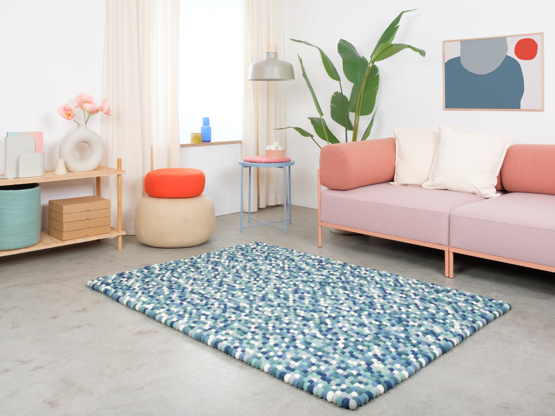 myfelt Mare Filzkugelteppich Blau, Grün aus Schurwolle – Bild 2