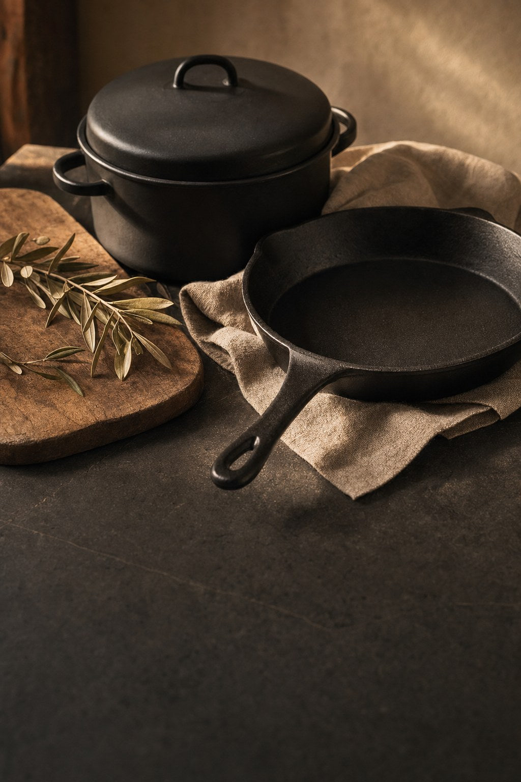 Black enamel cookware and iron frying pan on stone with linen and wood