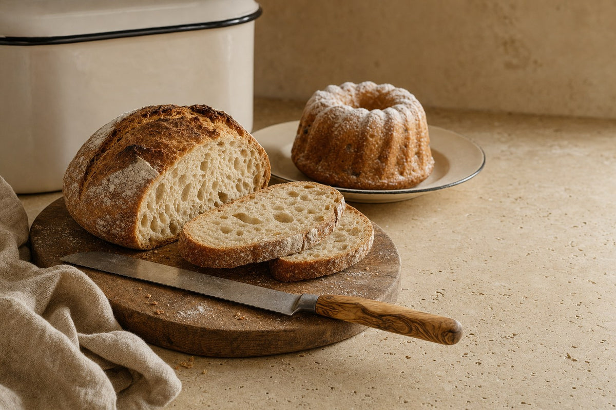 Angeschnittenes Krustenbrot auf Eichenbrett mit Olivenholz-Brotmesser, Gugelhupf und Emaille-Brotdose auf Travertin
