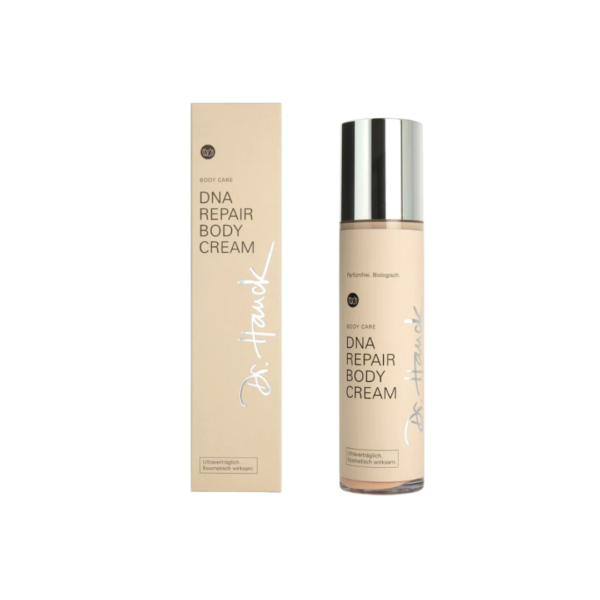 Ein Bild aus dem Taiga Store von taiga.green. Beigefarbene Flasche der Dr. Hauck DNA Repair Body Cream mit passender rechteckiger Schachtel, beide mit schwarzem und weißem Text und minimalistischem Design. Das Produkt ist für die Körperpflege und Hautreparatur. Jetzt bestellen im Eco Shop von www.taiga.green. Hier nachhaltig einkaufen mit dem Taiga Eco Rating