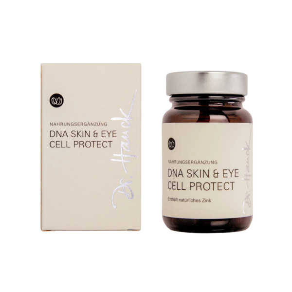 Ein Bild aus dem Taiga Store von taiga.green. Eine Schachtel und ein braunes Glasgefäß mit der Aufschrift DNA Skin & Eye Cell Protect Nahrungsergänzungsmittel, mit schwarzem Text und silbernen Unterschriften, dargestellt vor einem weißen Hintergrund. Jetzt bestellen im Eco Shop von www.taiga.green. Hier nachhaltig einkaufen mit dem Taiga Eco Rating