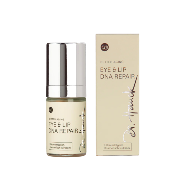Ein Bild aus dem Taiga Store von taiga.green. Eine Flasche Dr. Hauck Better Aging Eye & Lip DNA Repair Creme steht neben der dazugehörigen beigefarbenen Schachtel, die beide mit Produkt- und Markendaten beschriftet sind. Die Flasche hat eine silberne Kappe. Jetzt bestellen im Eco Shop von www.taiga.green. Hier nachhaltig einkaufen mit dem Taiga Eco Rating