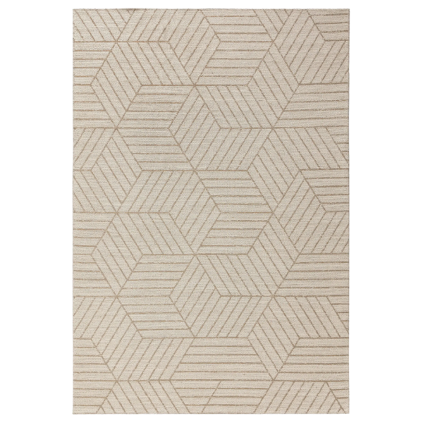 Ein Bild aus dem Taiga Store von taiga.green. Beigefarbener Teppich mit einem geometrischen Muster aus ineinandergreifenden Sechsecken und Linien, die ein modernes, strukturiertes Design ergeben. Jetzt bestellen im Eco Shop von www.taiga.green. Hier nachhaltig einkaufen mit dem Taiga Eco Rating
