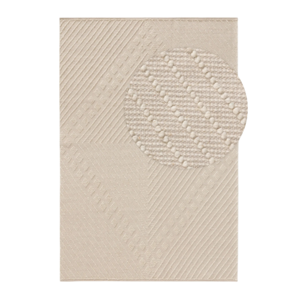 Ein Bild aus dem Taiga Store von taiga.green. Texturierter beiger Teppich mit diagonalen Linien und einem großen kreisförmigen Abschnitt mit einem erhabenen, gepunkteten Muster. Das geometrische Design kombiniert glattes und strukturiertes Gewebe für einen visuellen und taktilen Kontrast. Jetzt bestellen im Eco Shop von www.taiga.green. Hier nachhaltig einkaufen mit dem Taiga Eco Rating