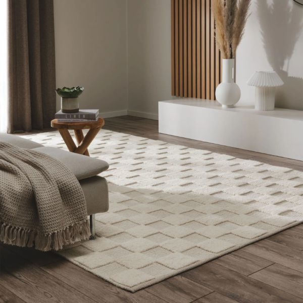 Ein Bild aus dem Taiga Store von taiga.green. Ein modernes Wohnzimmer mit einem beige gemusterten Teppich, einem hellen Holzboden, einem grauen Sofa mit einer strukturierten Decke, einem kleinen Holztisch mit Büchern und einer Pflanze sowie einer minimalistischen Dekoration mit einer Vase mit Pampasgras. Jetzt bestellen im Eco Shop von www.taiga.green. Hier nachhaltig einkaufen mit dem Taiga Eco Rating