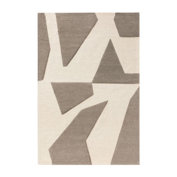 Ein Bild aus dem Taiga Store von taiga.green. Ein rechteckiger Teppich mit einem abstrakten geometrischen Muster in Beige- und Taupe-Tönen, dessen unregelmäßige Formen ein modernes, minimalistisches Design schaffen. Jetzt bestellen im Eco Shop von www.taiga.green. Hier nachhaltig einkaufen mit dem Taiga Eco Rating