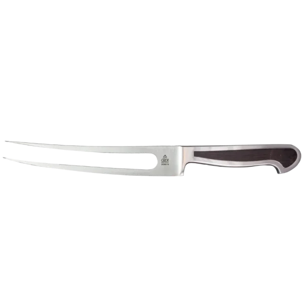 Ein Bild aus dem Taiga Store von taiga.green. Eine Tranchiergabel aus rostfreiem Stahl mit zwei langen, scharfen Zinken und einem dunklen, ergonomischen Griff auf einem schlichten Hintergrund. Jetzt bestellen im Eco Shop von www.taiga.green. Hier nachhaltig einkaufen mit dem Taiga Eco Rating